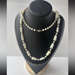 Vtg 1950s Aurora Borealis Milk Glass Necklace Signed Grassman-Blake Sterling 36"
